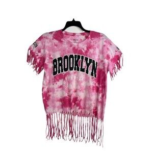 ON FIRE Women's Tie Die Brooklyn Graphic Fringe Hem Pink Size 2X T-Shirt